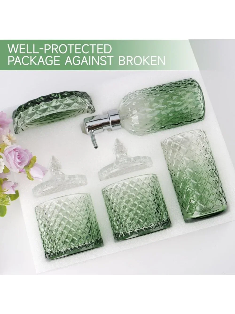 Vintage Green Glass Bathroom Accessories Set - 5-Piece Decorative Home Decor